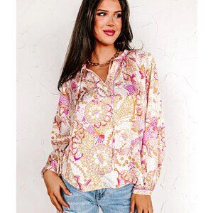 Avara Tie Neck Tunic Top Small S White Pink Paisley Floral Bohemian Blouse Shirt
